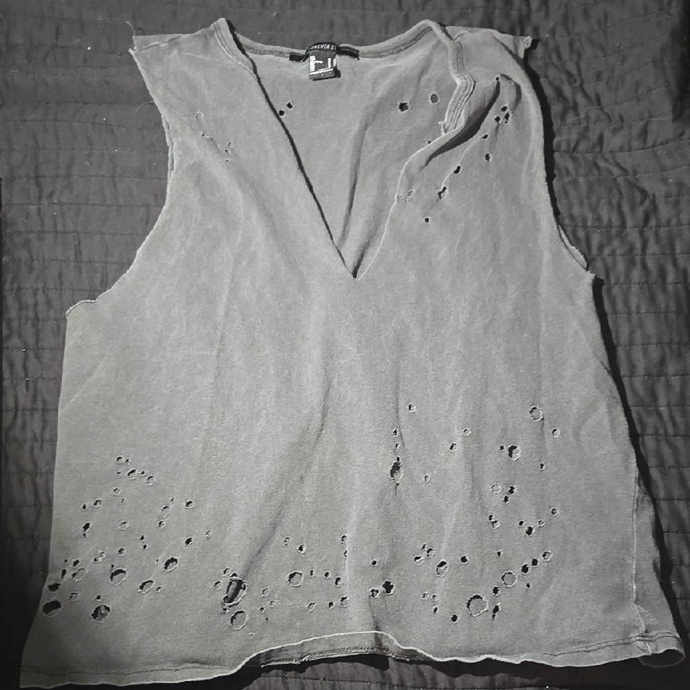 Forever 21 White Muscle Tee Tank Top with Distressed Design
